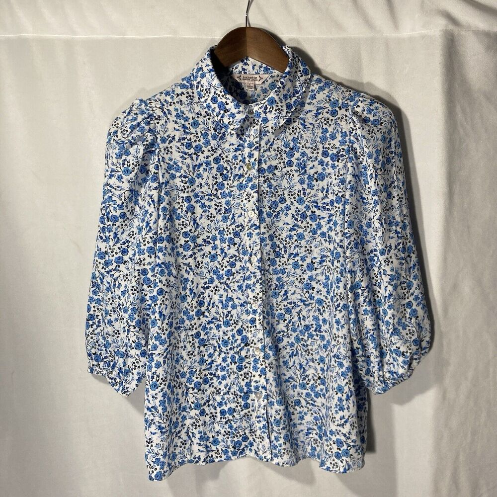 NANETTE Nanette Lepore white blue floral 3/4 sleeves button up top S